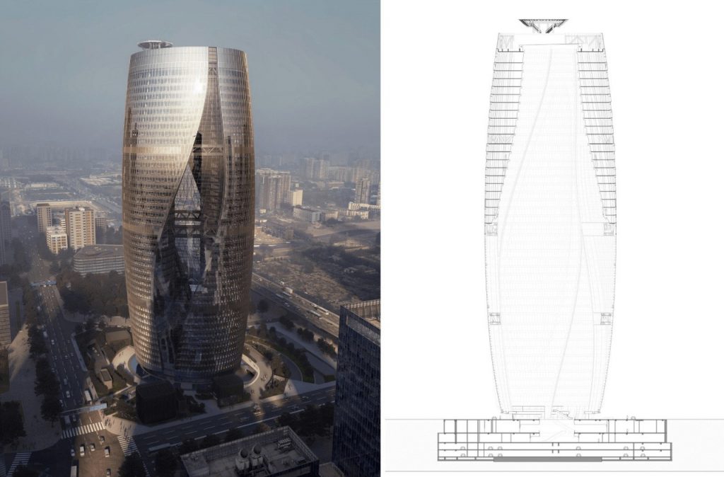 Башню Leeza Soho в Пекине пополам разделит 190-метровое общее пространство.