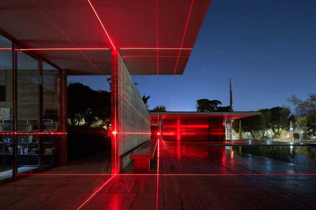 GEOMETRY OF LIGHT: BARCELONA PAVILION LIT WITH A LASER GRID BY LUFTWERK