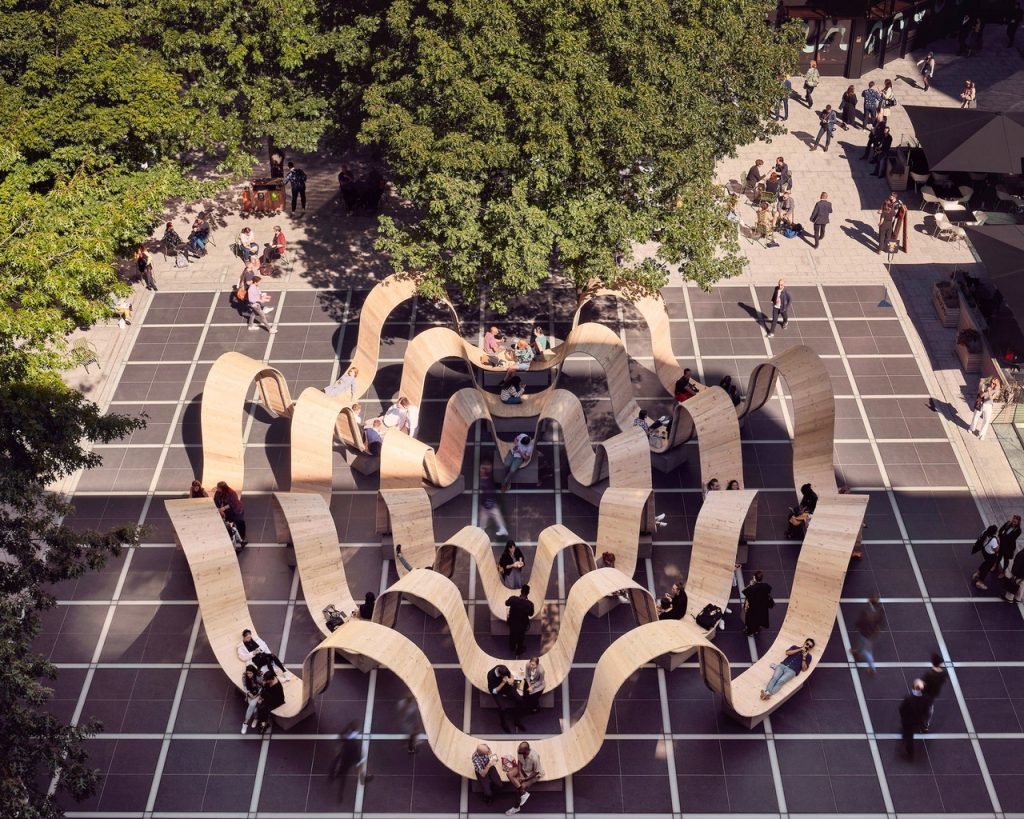 Upcycled Scaffolding Planks Form Functional Ribbons of Steel and Wood in London’s Broadgate Neighborhood
