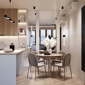 Шесть кадров лаконичной кухни-гостиной в светлых тонах.