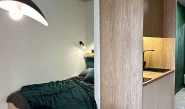 Интерьер маленькой квартиры-студии 20 м2 (23 м2 с балконом) в Твери. Комната 16 м2, санузел 4 м2. Проходная кухня и кровать в нише.